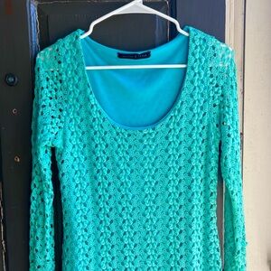 Women's Teal Crochet Long-Sleeve Dress